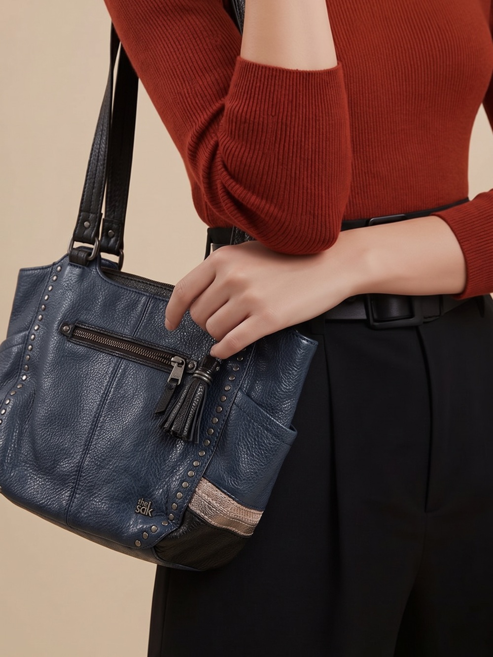 The Sak Navy Pebbled Leather Shoulder Bag with Tassel